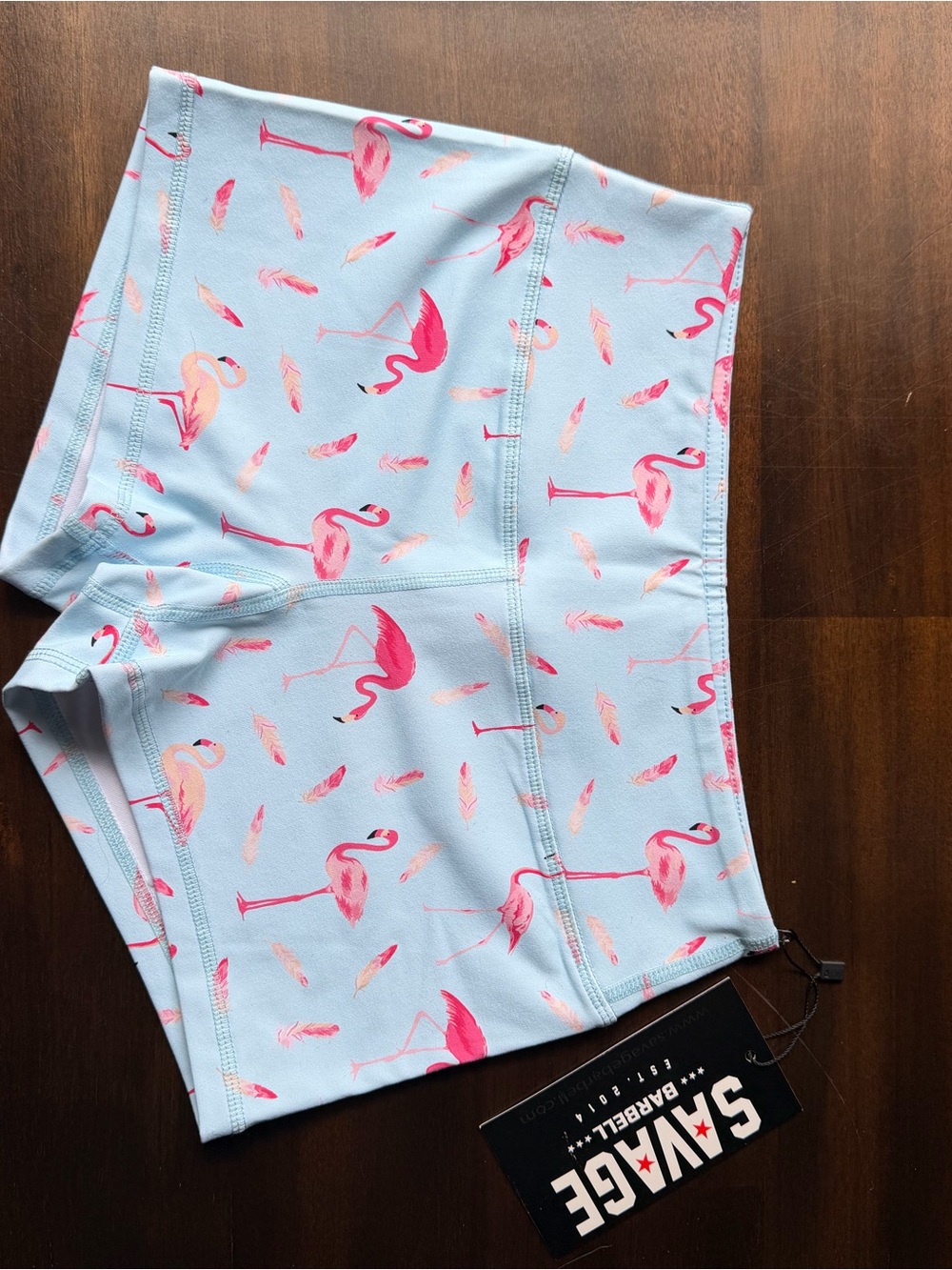 Savage Barbell Flamingo Print Stretch Shorts - Light Blue & Pink